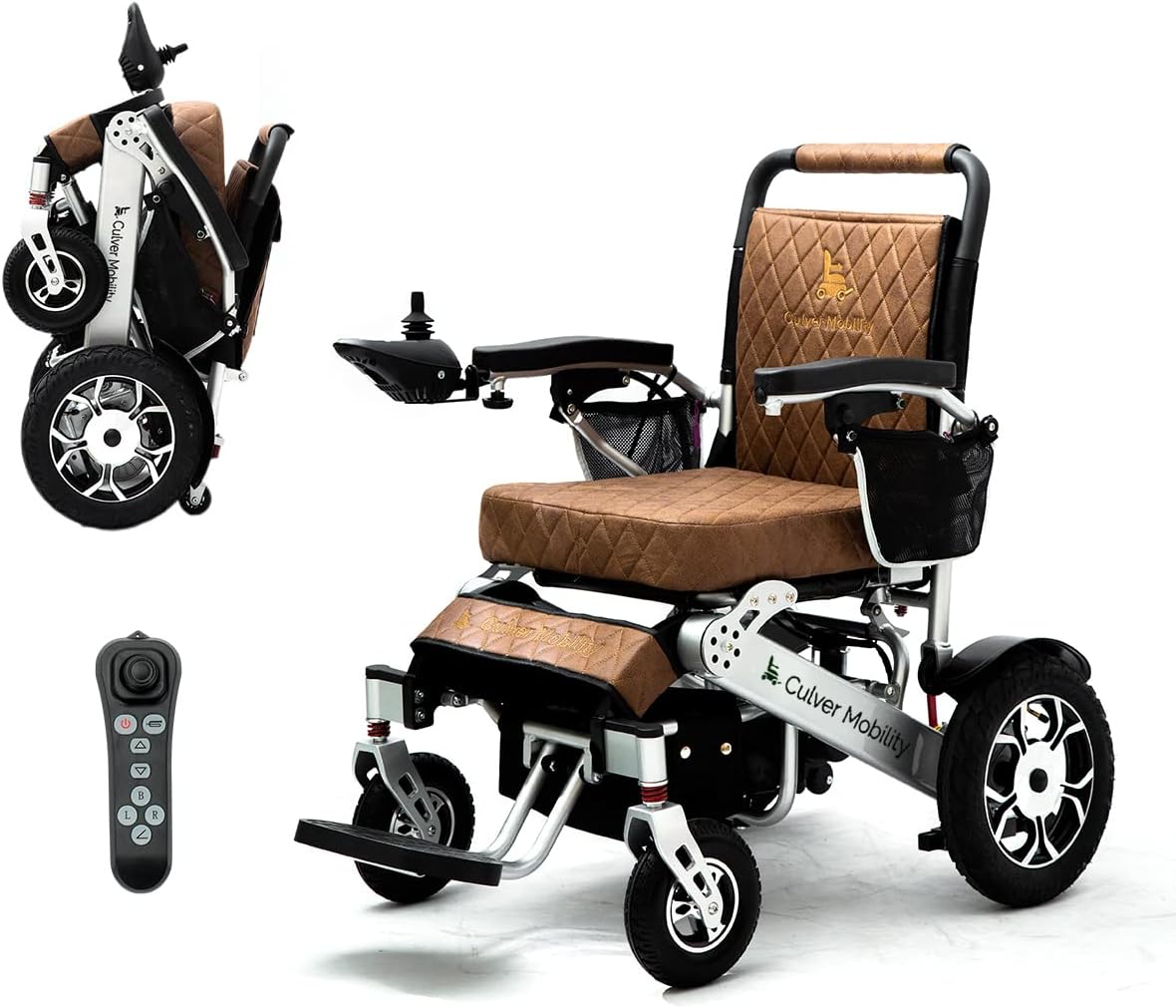 Culver Mobility Wolf Electric Wheelchair for Adults, All Terrain Lightweight Foldable Wheelchairs XL,Power Motorized Electric Wheel Chair, Comfortable Remote Control Mobility Aid (Brown Leather)